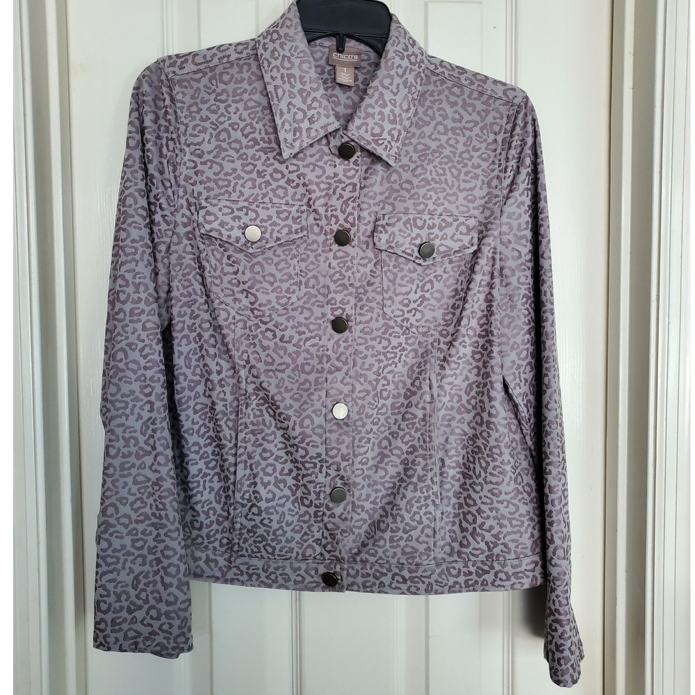 Chico's Jacket Gray Leopard Print Faux Suede Button Front Stretch Size 1